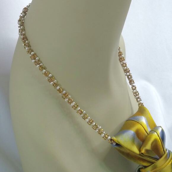 Vintage Silk Tie Necklace Artisan Italy Gold Silver Hue Upcycled Amber Jewel NEW - Picture 3 of 13